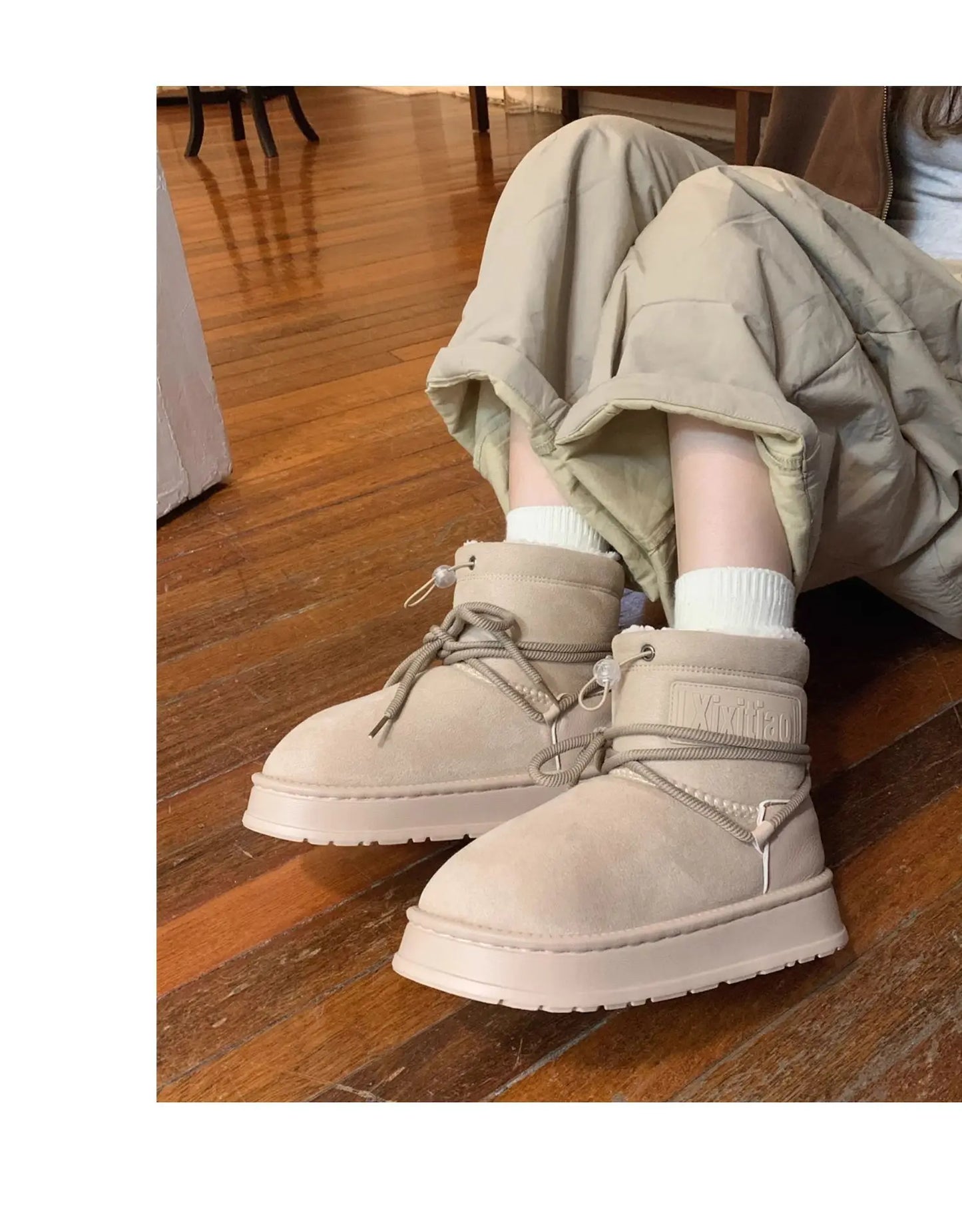 Winter Outdoor Women Ankle Snow Boots Ladies Plush Warm Shoes Classic Ultra Platform Cow Suede Furry Hook & Loop Flat Booties