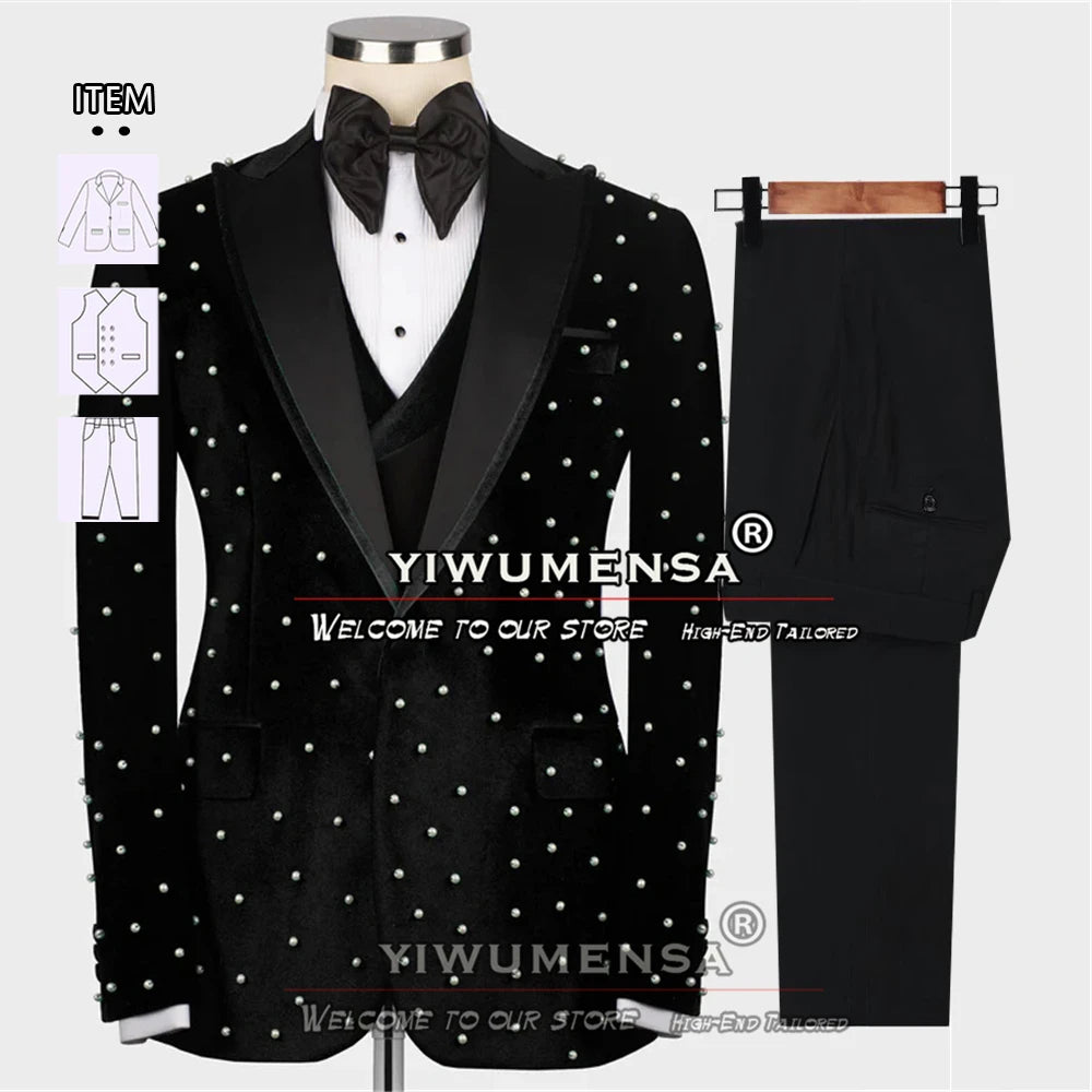 Luxury Wedding Suits For Men Groom Wear Tuxedo Handmade Pearls Velvet Jacket Male Banquet Party Dress Tailor-Made 3 Pieces Set