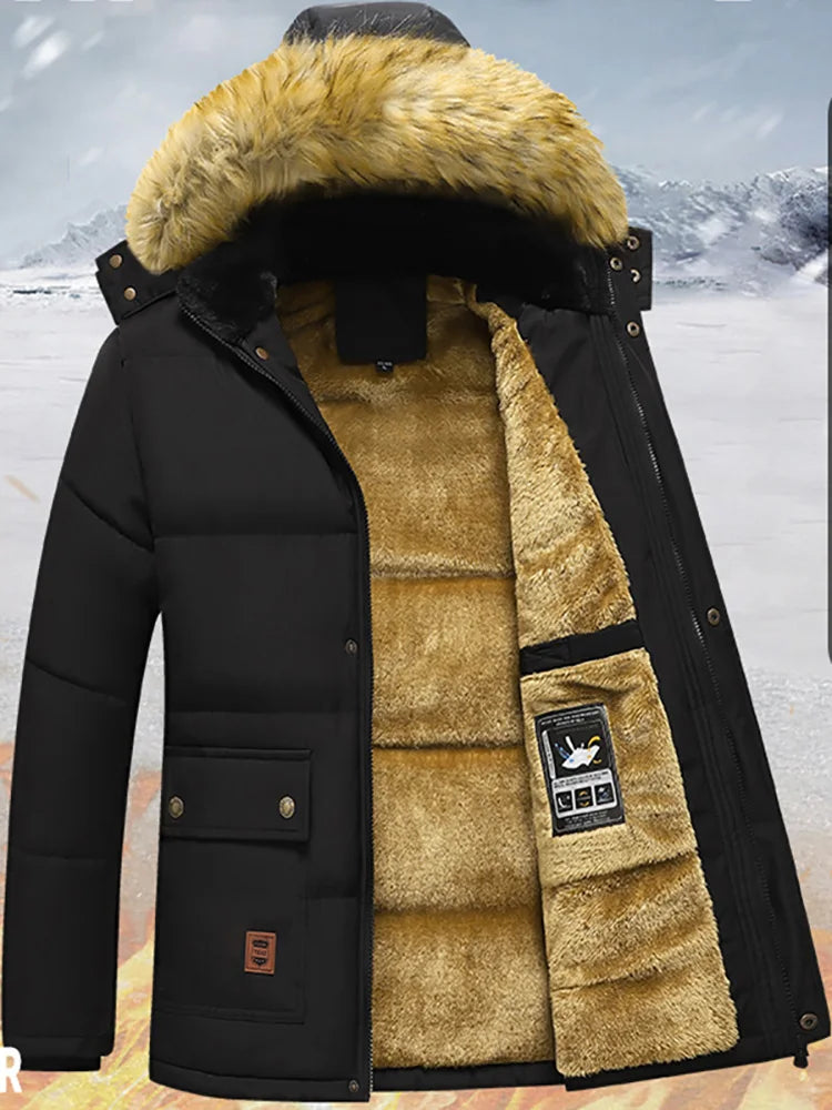 The new men's winter workwear for 2025 features a thick and warm windproof wool men's fur coat with a hood and a leather collar