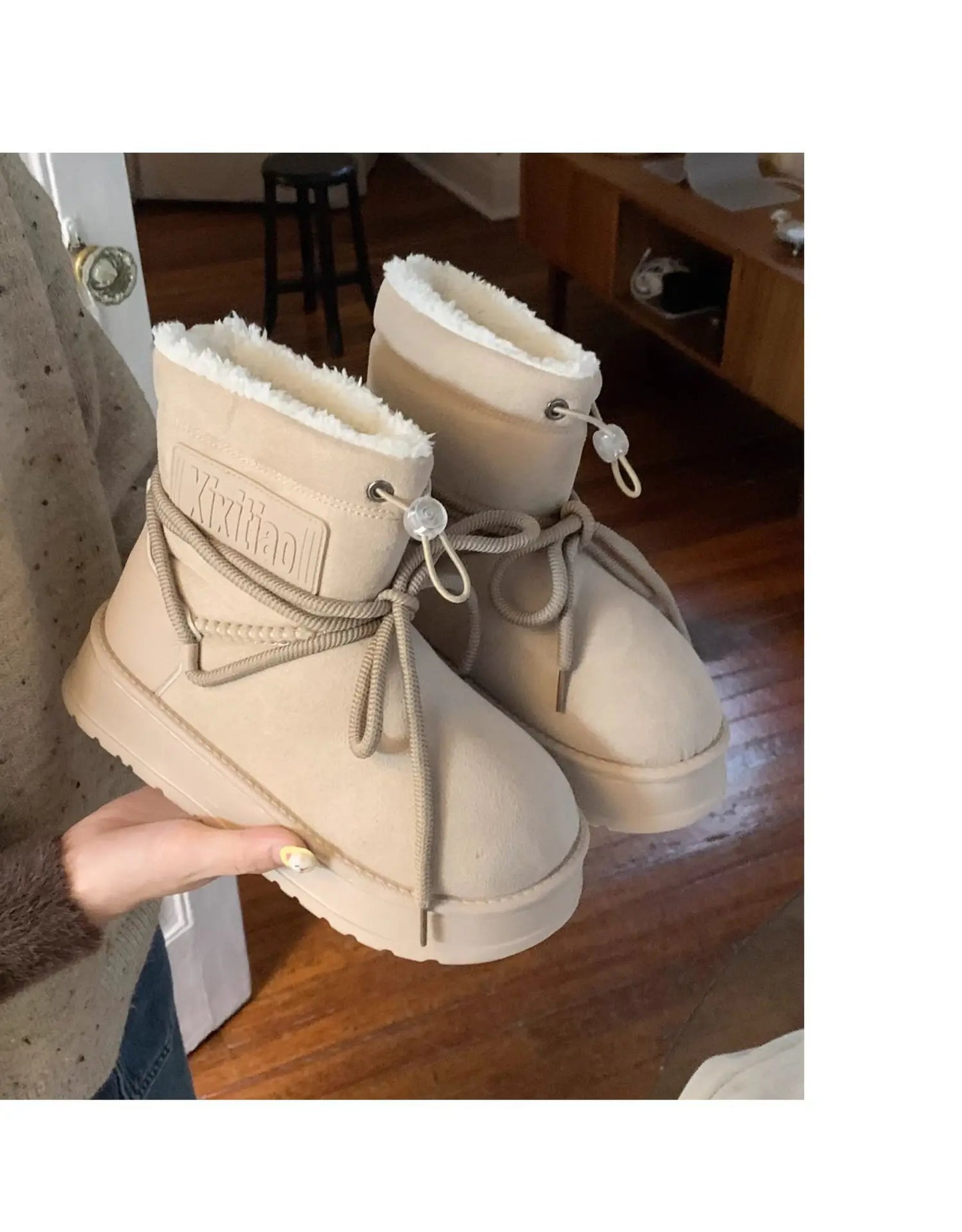 Winter Outdoor Women Ankle Snow Boots Ladies Plush Warm Shoes Classic Ultra Platform Cow Suede Furry Hook & Loop Flat Booties