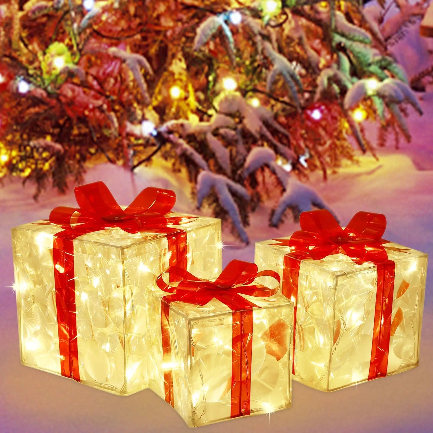 Christmas Glowing Decoration Gifts Box Ornament with Bow Christmas Lighting Box Outdoor Outdoor Backyard Party DIY Decorations