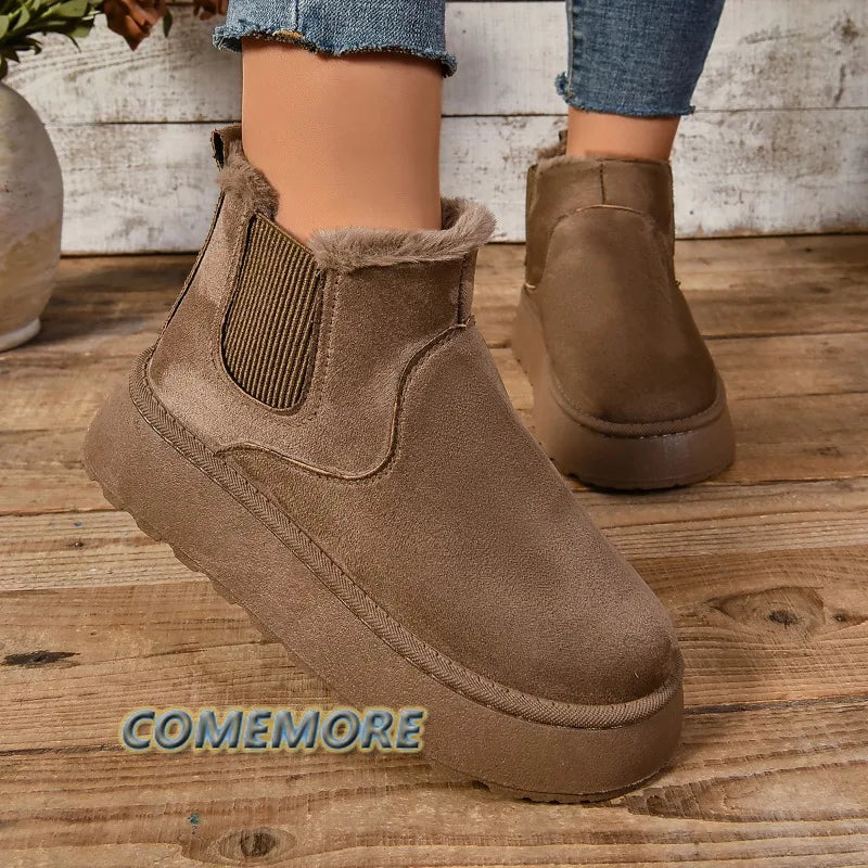 Winter Women Short Plush Warm Snow Boots Casual Shoes New Suede Fur Chelsea Ankle Boots Flats Platform Ladies Shoes Comfortable