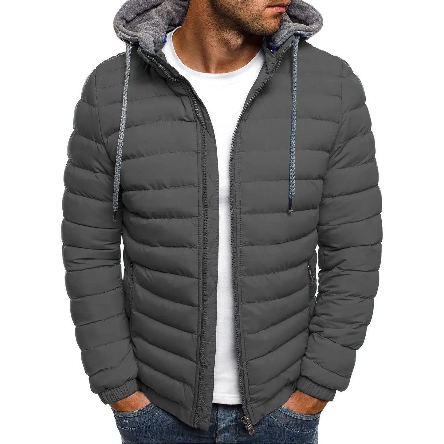 Winter Warm Cotton Jacket for Men Stand Collar Open Front Outdoor Sports Coat Casual Padded Coat