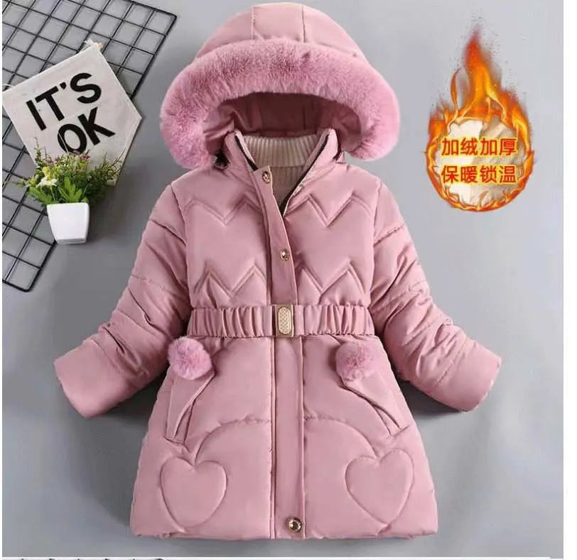 3 4 5 6 8 10 Years Winter Girls Coat Keep Warm Thicken Kids Jacket Hooded Zipper Fur Collar Princess Outerwear Children Clothing