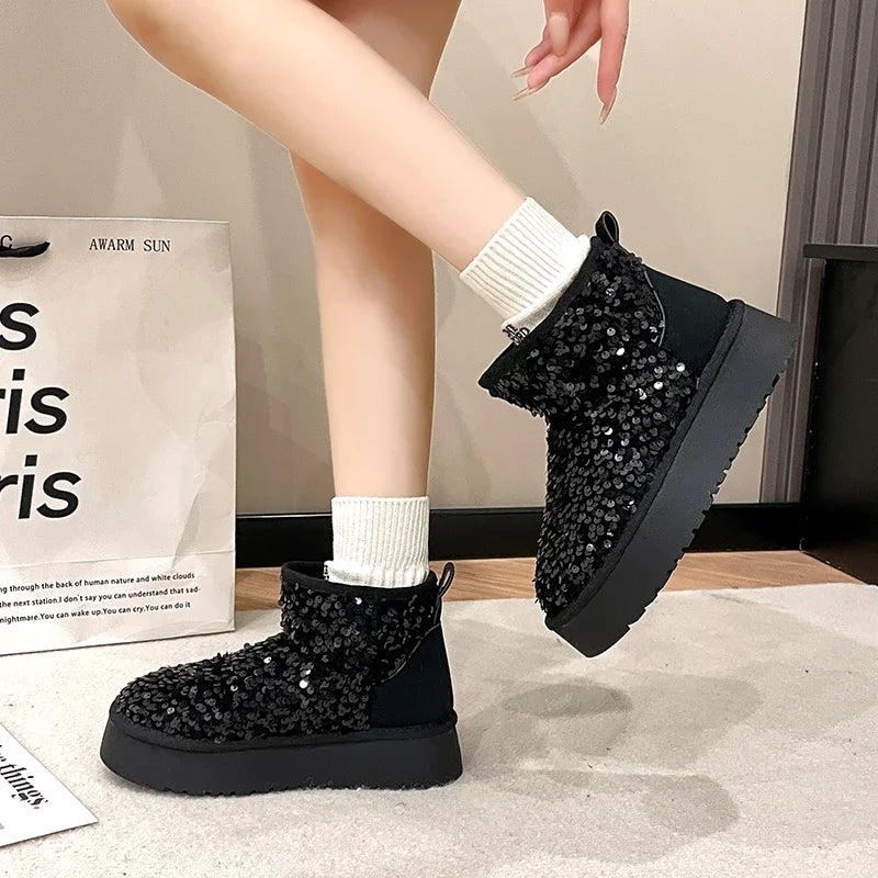 Winter New Warm 4CM Platform Snow Boots Black Bling Sequined Cloth Wool Lined Women Fashion Boots Luxurious shiny suede boots