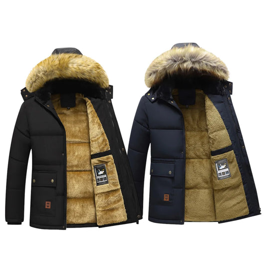 The new men's winter workwear for 2025 features a thick and warm windproof wool men's fur coat with a hood and a leather collar