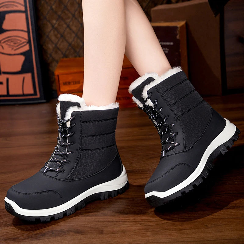 Waterproof Winter Boots Women Fashion Mix Color Plush Warm Snow Boots Woman Thick Bottom Wedges Outdoor Cotton Shoes Lady