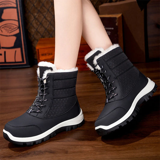 Waterproof Winter Boots Women Fashion Mix Color Plush Warm Snow Boots Woman Thick Bottom Wedges Outdoor Cotton Shoes Lady