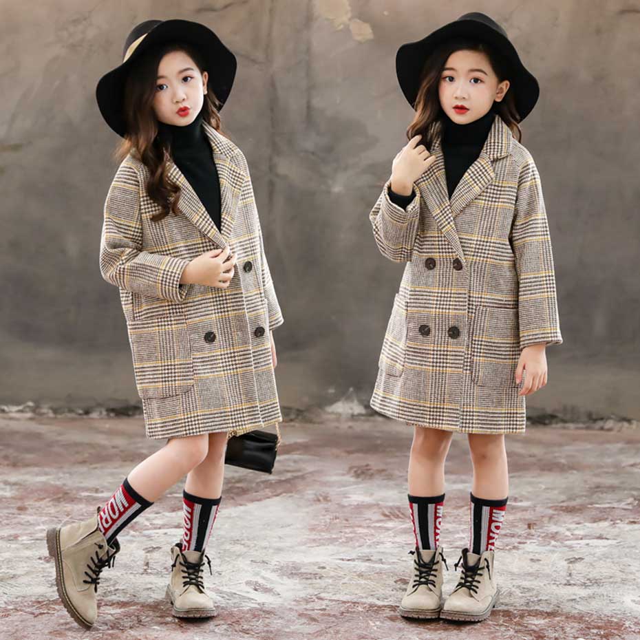 Winter Woolen Coat for Girl Thick Jacket Toddler Girls Plaid Outerwear Kids Clothes Autumn England Teenage Trench School Uniform