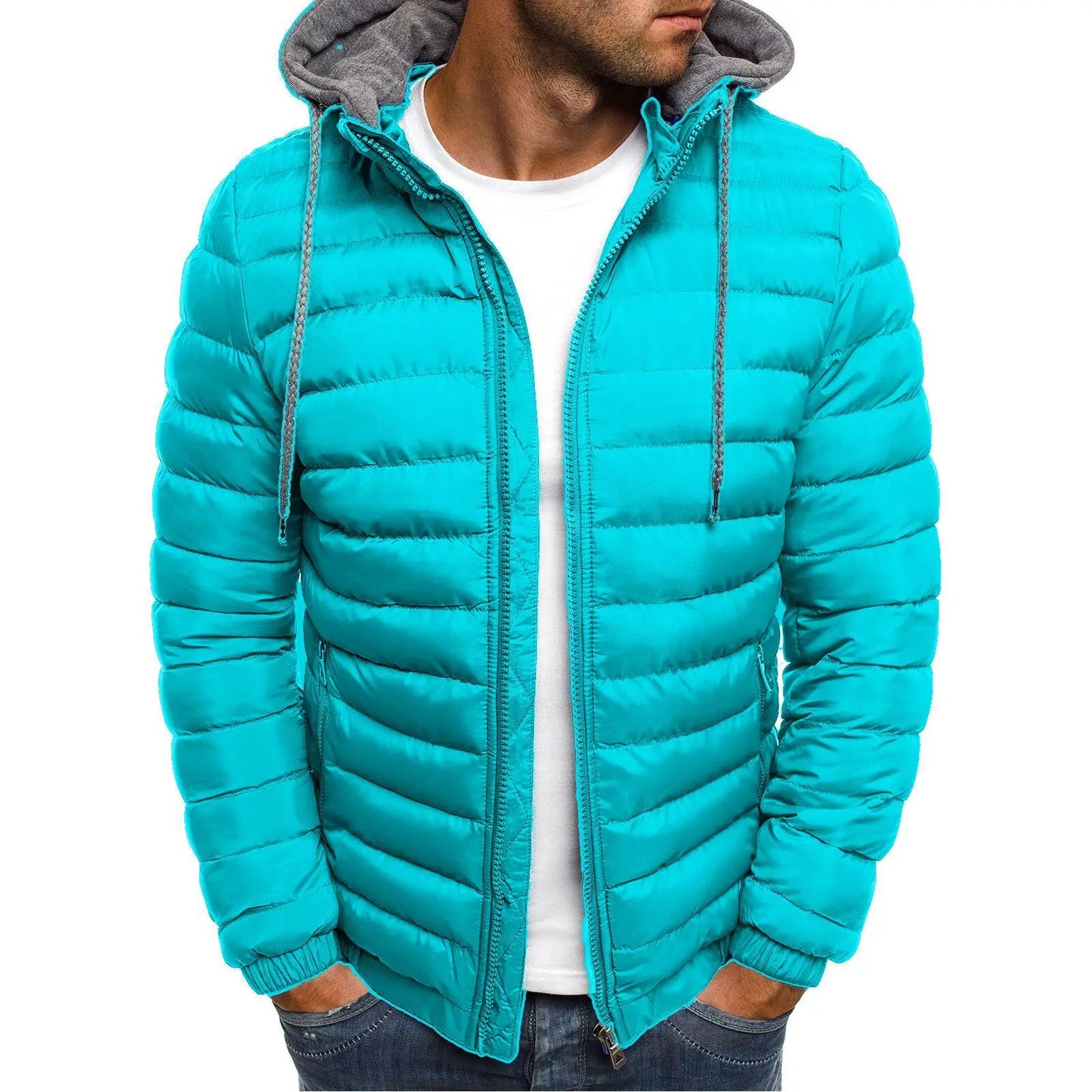 Winter Warm Cotton Jacket for Men Stand Collar Open Front Outdoor Sports Coat Casual Padded Coat
