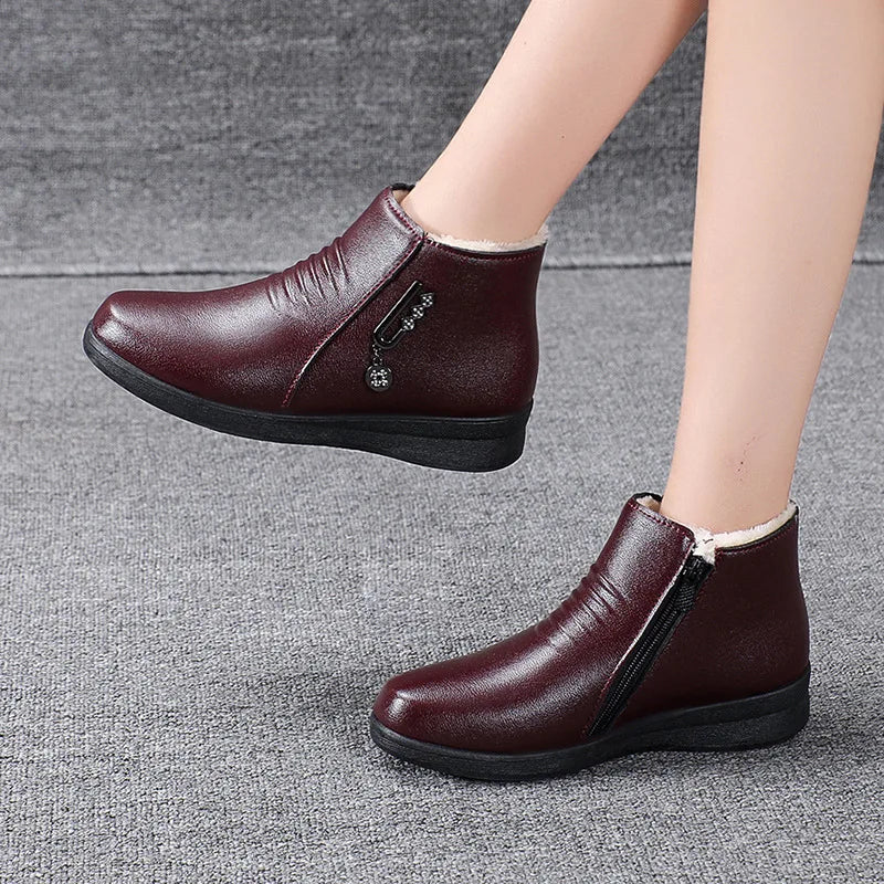 Winter Women Boots Leather Boots Warm Waterproof Cotton Shoes Soft Sole Plush Outdoor Snow Boot Non-slip Comfortable Ankle Boots