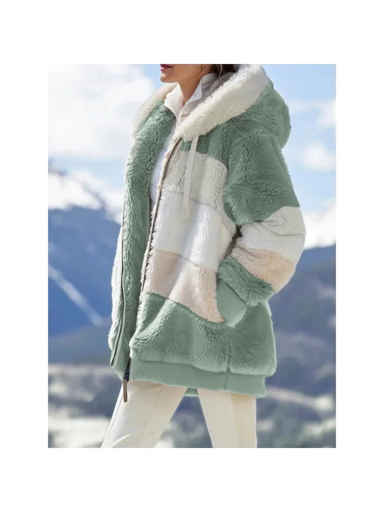 Winter Women Jacket Warm Plush Casual Loose Hooded Coat Mixed Color Patchwork Winter Outwear Faux Fur Zipper Ladies Parka Coat