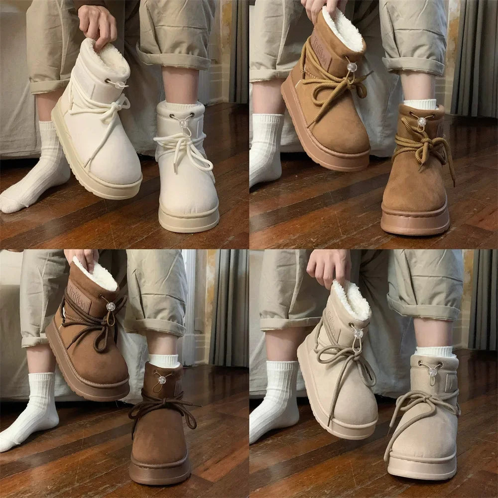 Winter Outdoor Women Ankle Snow Boots Ladies Plush Warm Shoes Classic Ultra Platform Cow Suede Furry Hook & Loop Flat Booties