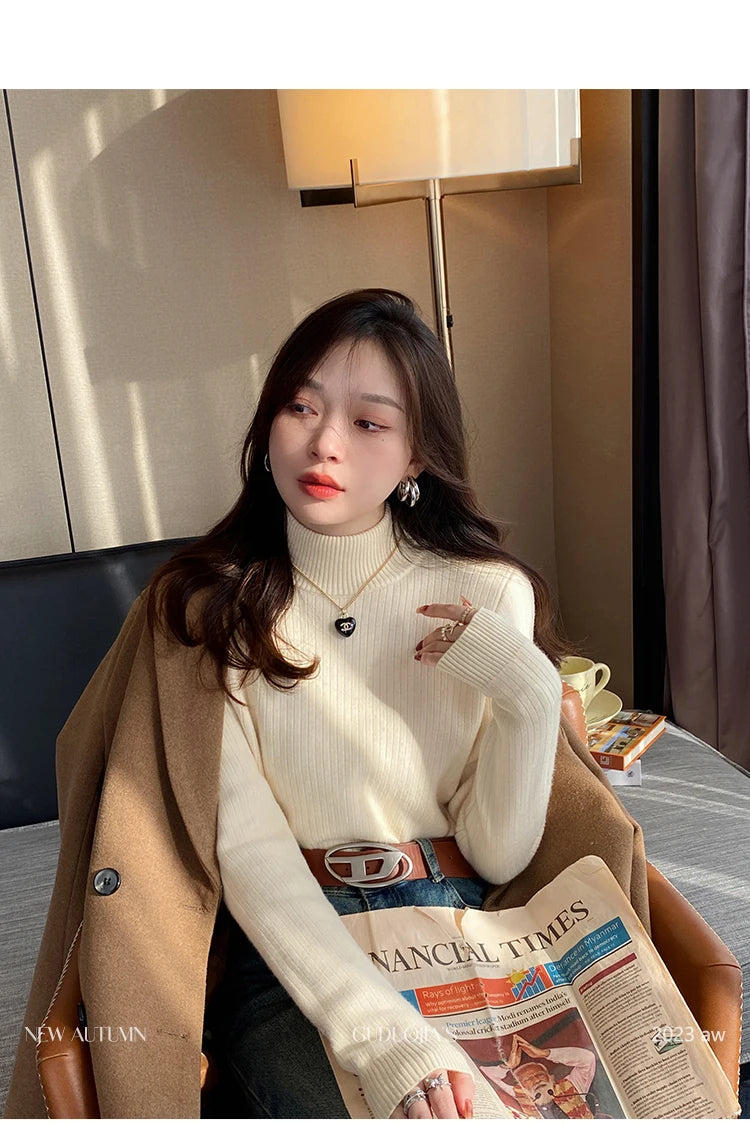 Women's Turtleneck Sweater Winter 2025 Retro with Velvet Lining Thickened Inner Wear Thermal Knitting Bottoming Shirt Pullovers