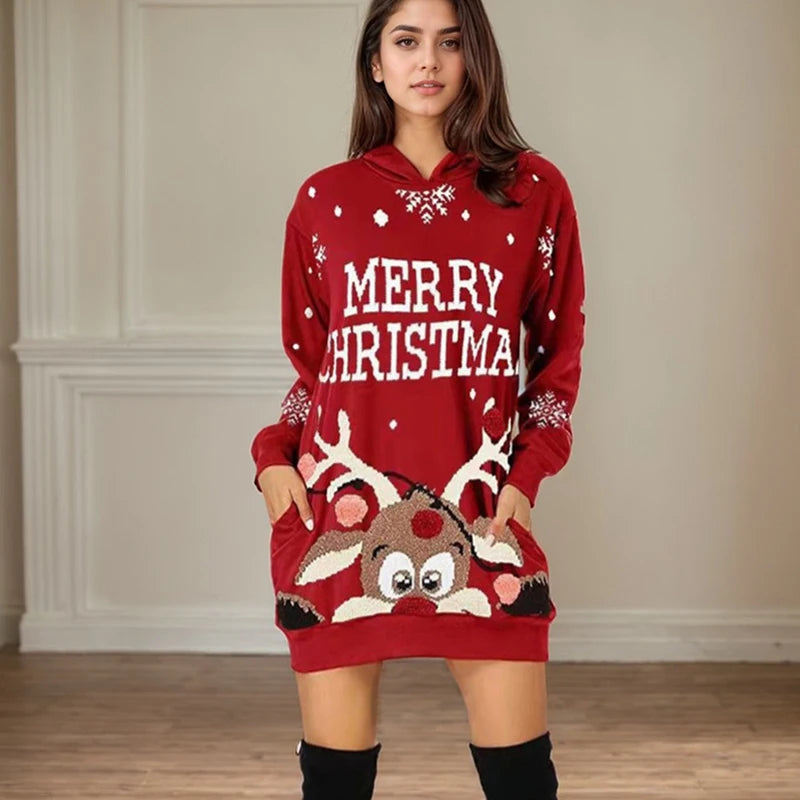 Christmas Printed Loose Hoodied Dress Casual Elk Pattern Long Sleeve Pocket Hoodie Hip-covering Skirt Fashion Christmas Dresses