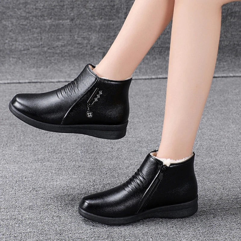 Winter Women Boots Leather Boots Warm Waterproof Cotton Shoes Soft Sole Plush Outdoor Snow Boot Non-slip Comfortable Ankle Boots