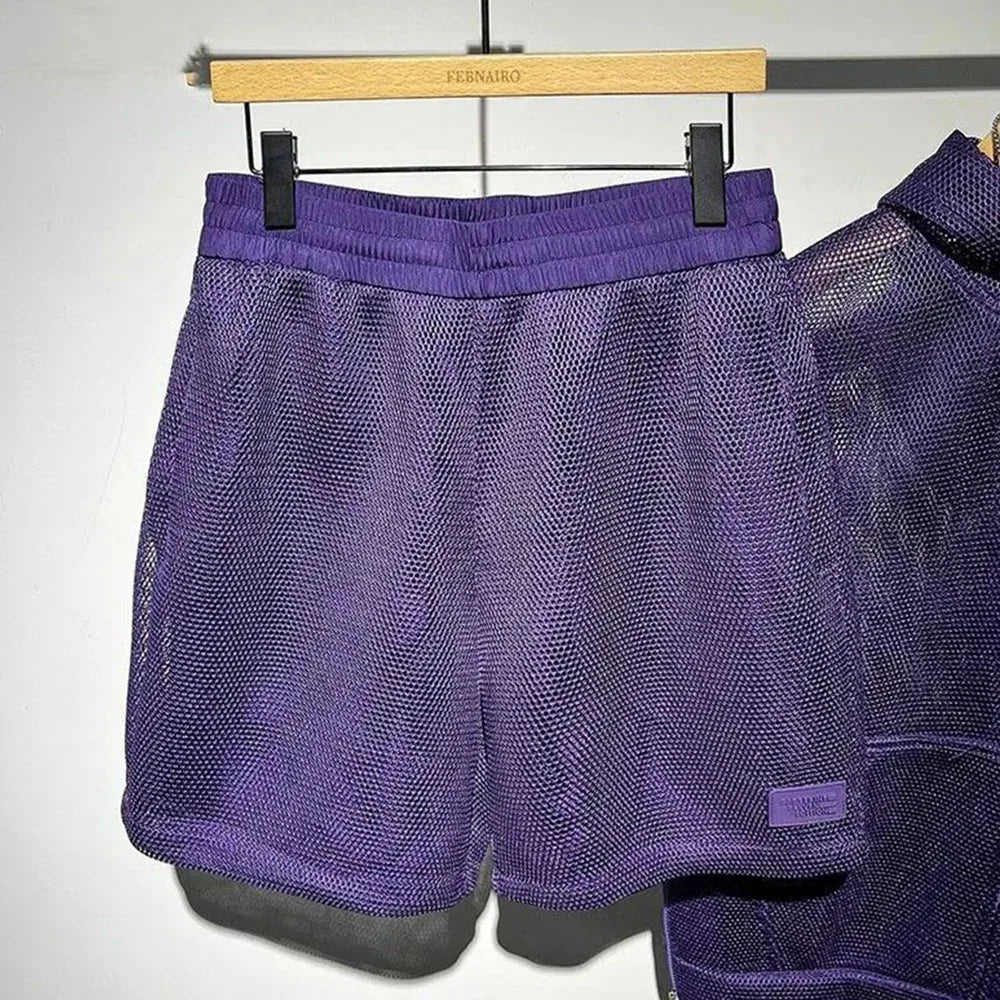 Mens Casual Two-Piece Clothing 2024 Summer Men'S Solid Color Full-Print Mesh Fashion Trend Loose Shorts Hooded Vest Mens Suit