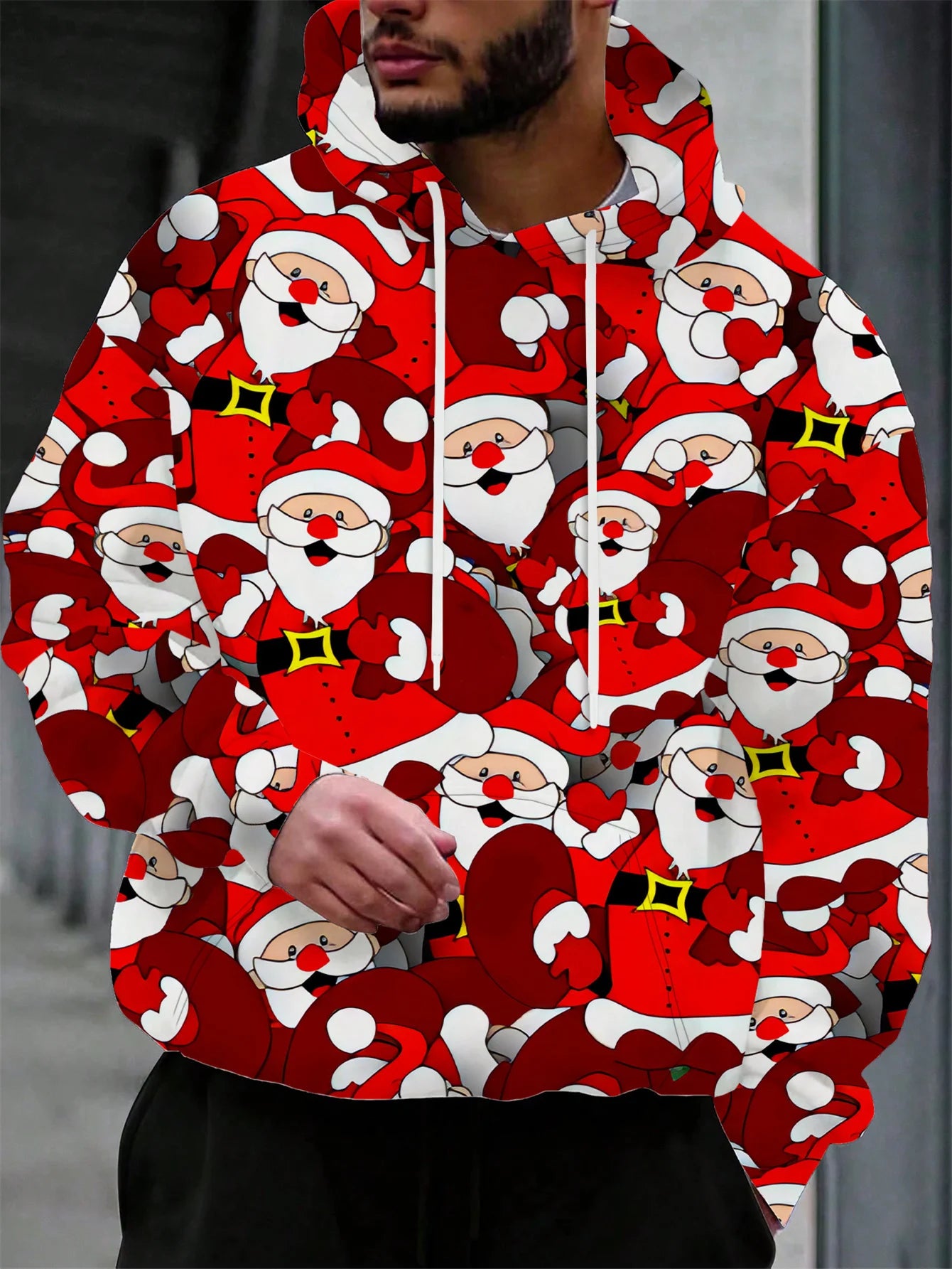 Men'S Christmas Hoodie - Red & White Santa Claus Graphic Pullover Sweatshirt, Hooded Winter Jacket for Holiday Parties, Casual