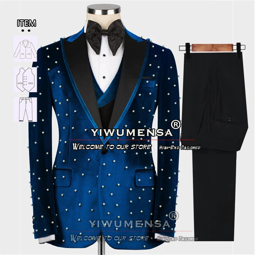 Luxury Wedding Suits For Men Groom Wear Tuxedo Handmade Pearls Velvet Jacket Male Banquet Party Dress Tailor-Made 3 Pieces Set