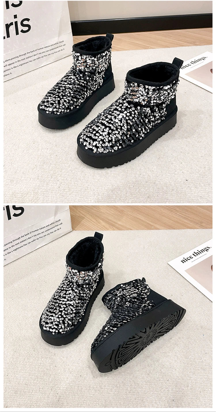 Winter New Warm 4CM Platform Snow Boots Black Bling Sequined Cloth Wool Lined Women Fashion Boots Luxurious shiny suede boots