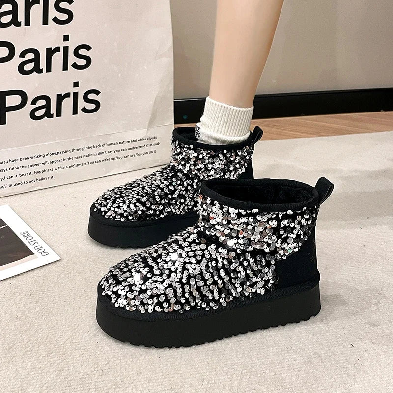 Winter New Warm 4CM Platform Snow Boots Black Bling Sequined Cloth Wool Lined Women Fashion Boots Luxurious shiny suede boots