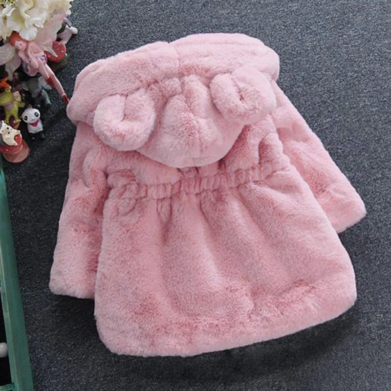 Girls' Winter Clothes Soft Cozy Fleece Hooded Coat Faux Fur Thicken Warm Girl Coat With Cute Ears Thick Warm Outwear Overcoat