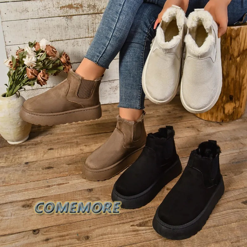 Winter Women Short Plush Warm Snow Boots Casual Shoes New Suede Fur Chelsea Ankle Boots Flats Platform Ladies Shoes Comfortable