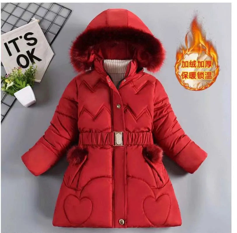 3 4 5 6 8 10 Years Winter Girls Coat Keep Warm Thicken Kids Jacket Hooded Zipper Fur Collar Princess Outerwear Children Clothing