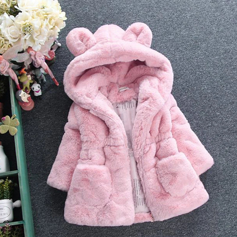 Girls' Winter Clothes Soft Cozy Fleece Hooded Coat Faux Fur Thicken Warm Girl Coat With Cute Ears Thick Warm Outwear Overcoat