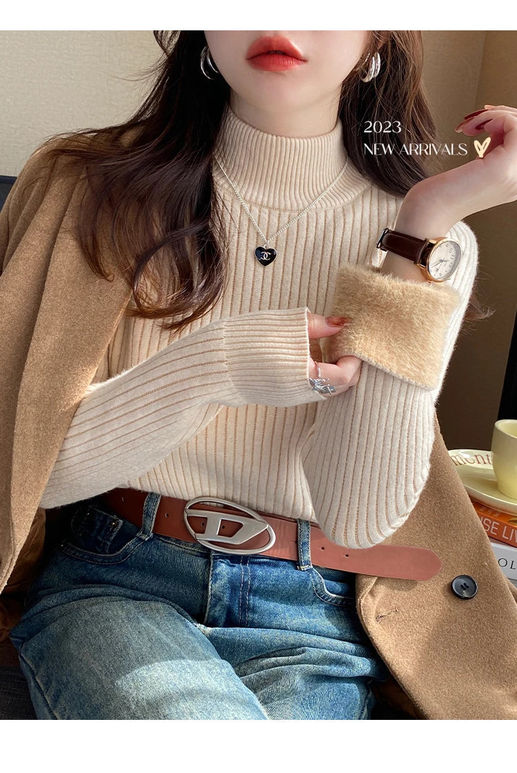 Women's Turtleneck Sweater Winter 2025 Retro with Velvet Lining Thickened Inner Wear Thermal Knitting Bottoming Shirt Pullovers