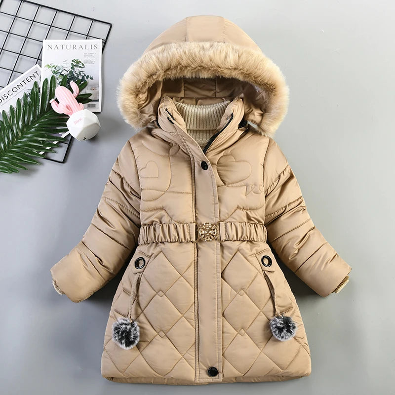 Winter Snow Suit For Girls, Fur Collar & Tunic Details Warm Cotton-padded Hooded Coat, Kids Outerwear