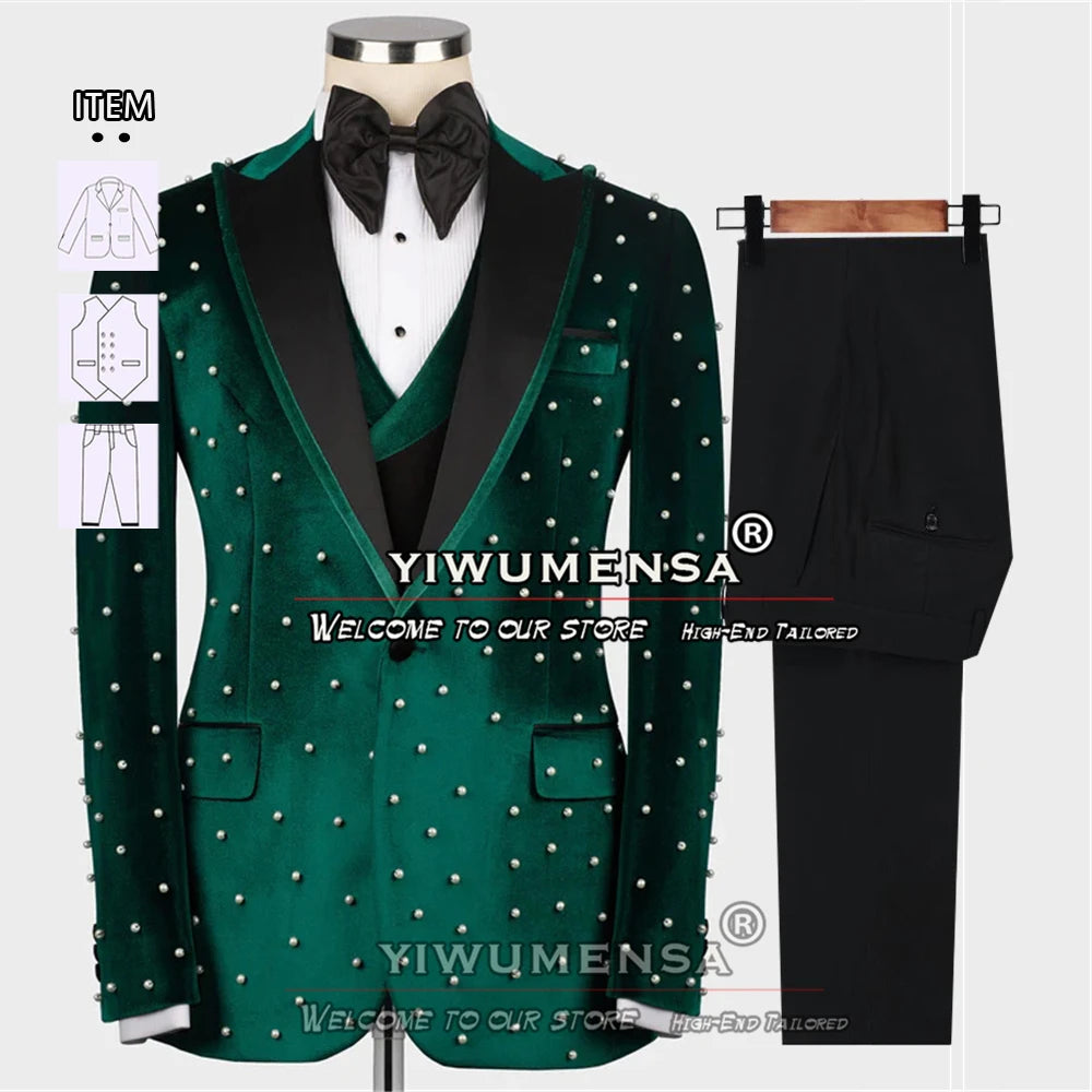 Luxury Wedding Suits For Men Groom Wear Tuxedo Handmade Pearls Velvet Jacket Male Banquet Party Dress Tailor-Made 3 Pieces Set