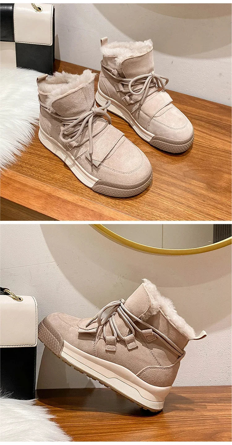 Winter Snow Boots Women Genuine Cow Leather Artificial Wool Solid Color Lace-up 2024 Warm Ladies Shoes Handmade