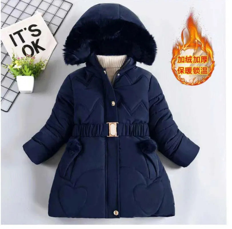 3 4 5 6 8 10 Years Winter Girls Coat Keep Warm Thicken Kids Jacket Hooded Zipper Fur Collar Princess Outerwear Children Clothing