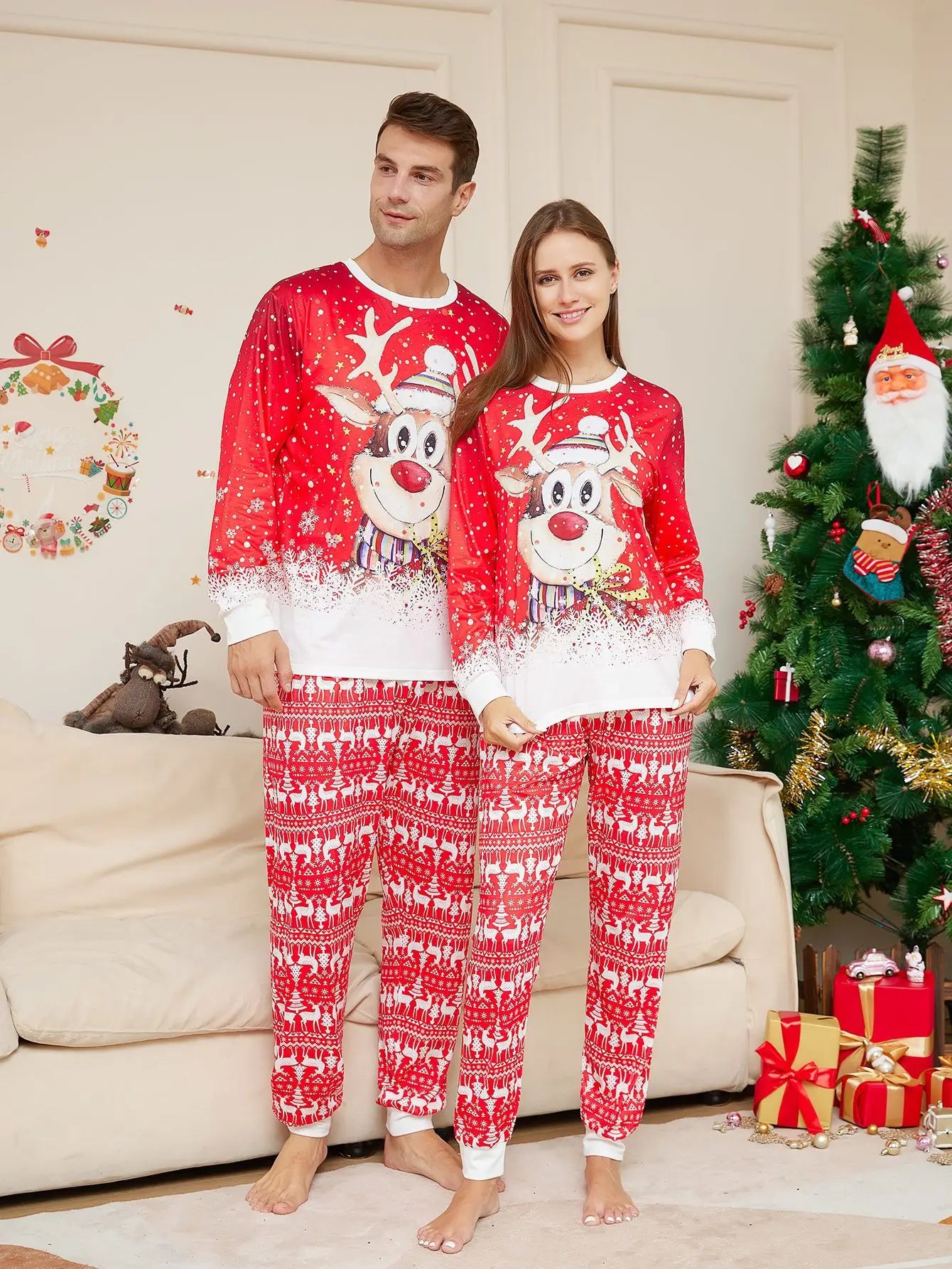 Christmas Pajama Set Family Matching Nightwear Couples Daughter Daddy Son Mother Kids Reindeer Printed Long Sleeved Xmas Clothes