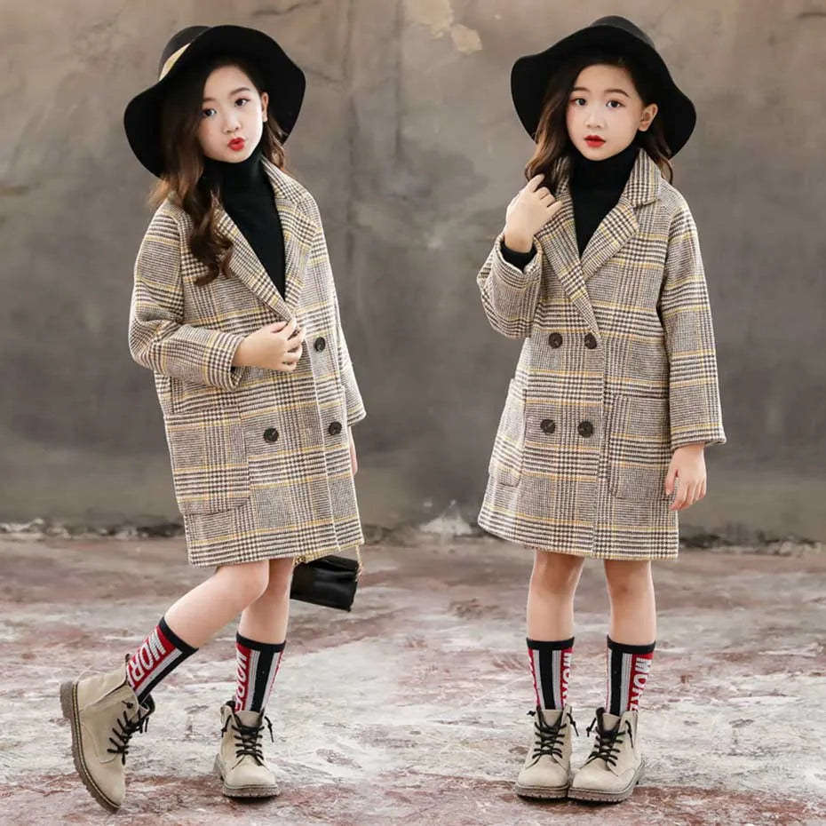 Winter Woolen Coat for Girl Thick Jacket Toddler Girls Plaid Outerwear Kids Clothes Autumn England Teenage Trench School Uniform