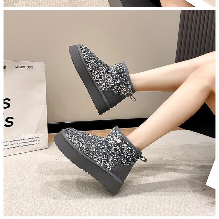 Winter New Warm 4CM Platform Snow Boots Black Bling Sequined Cloth Wool Lined Women Fashion Boots Luxurious shiny suede boots