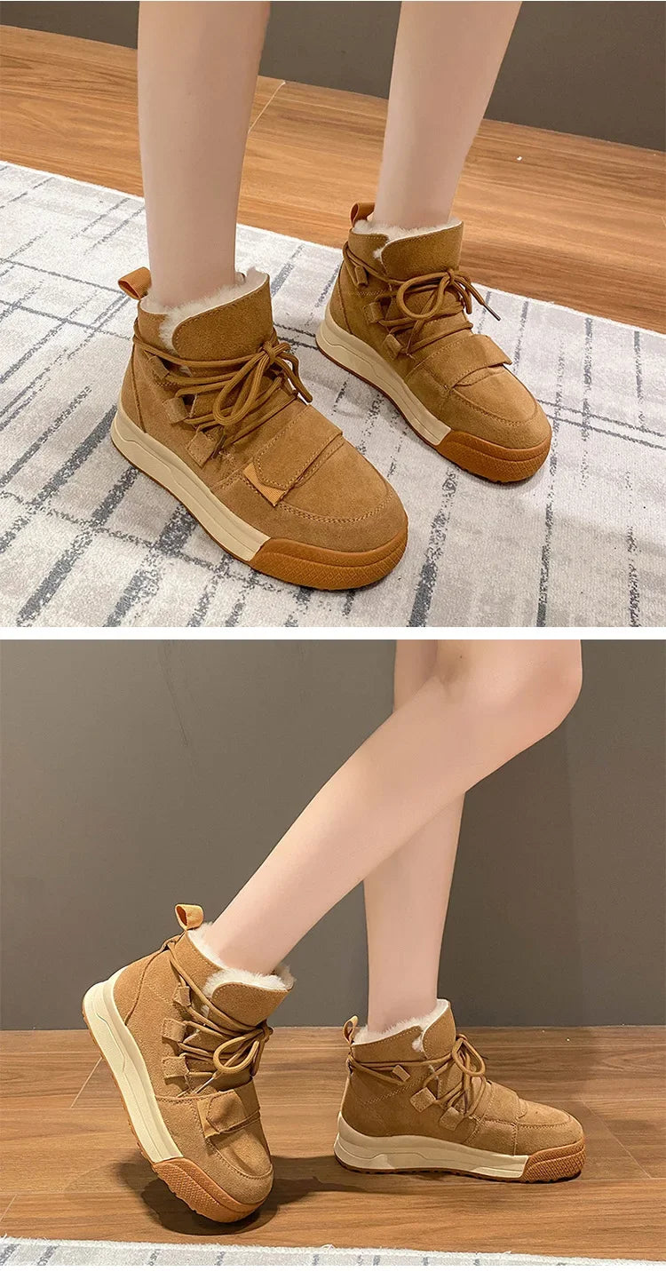 Winter Snow Boots Women Genuine Cow Leather Artificial Wool Solid Color Lace-up 2024 Warm Ladies Shoes Handmade