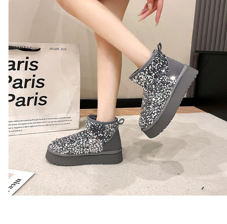 Winter New Warm 4CM Platform Snow Boots Black Bling Sequined Cloth Wool Lined Women Fashion Boots Luxurious shiny suede boots