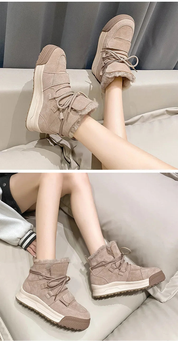 Winter Snow Boots Women Genuine Cow Leather Artificial Wool Solid Color Lace-up 2024 Warm Ladies Shoes Handmade