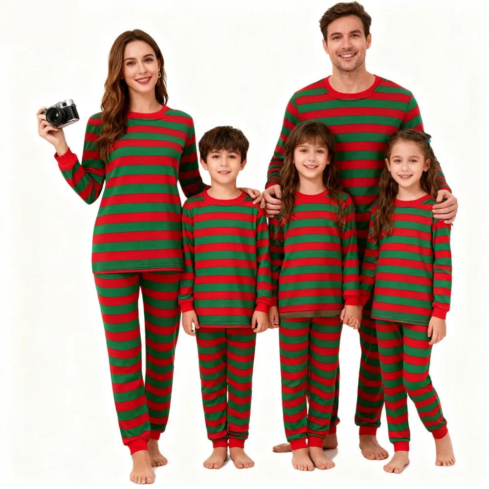 Family Matching Christmas Pajamas Sets Red Green Striped Sleepwear Xmas Festive Pjs for Dad Mom Kids Baby Loungewear Outfits