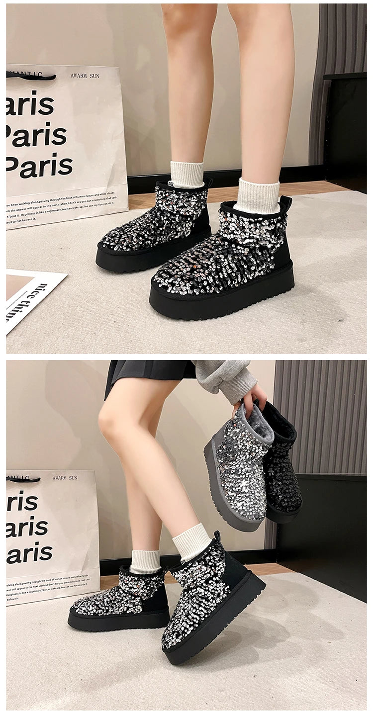 Winter New Warm 4CM Platform Snow Boots Black Bling Sequined Cloth Wool Lined Women Fashion Boots Luxurious shiny suede boots