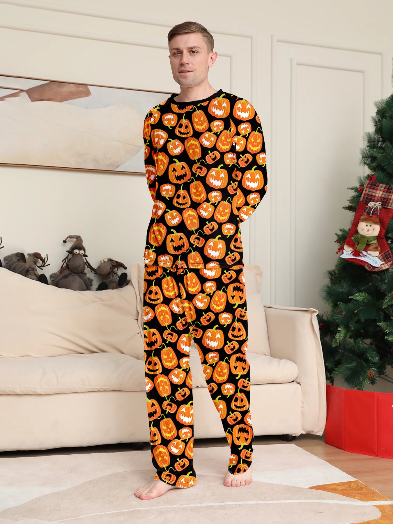 Matching Couple Christmas Sleepwear - Red "Merry Xmas" Top & Green Plaid Candy Cane Bottoms