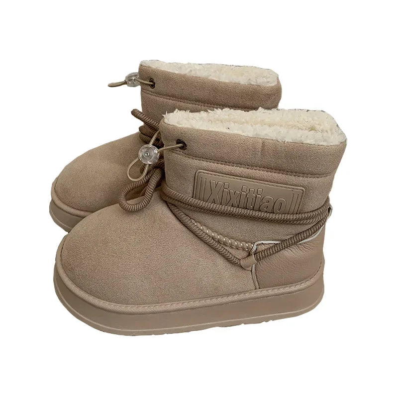 Winter Outdoor Women Ankle Snow Boots Ladies Plush Warm Shoes Classic Ultra Platform Cow Suede Furry Hook & Loop Flat Booties