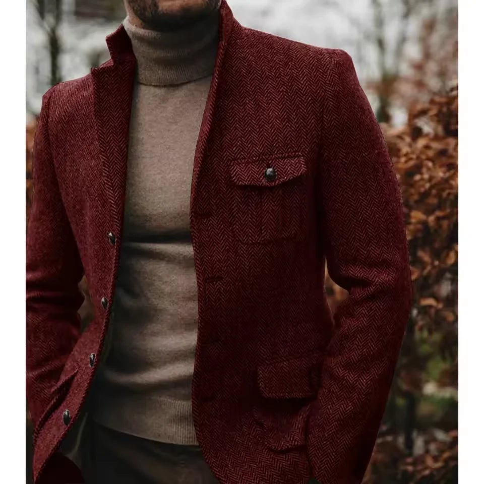 Men Suit Jacket Herringbone Single Breasted Stand Collar Business Formal Attire Casual Blazer Tapered Waist Fashion Slim FitCoat