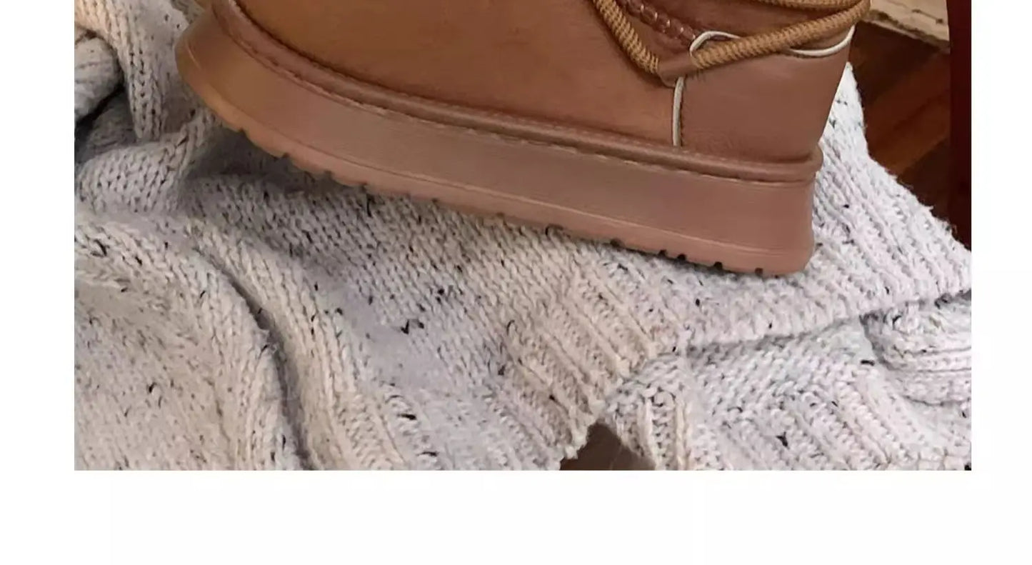 Winter Outdoor Women Ankle Snow Boots Ladies Plush Warm Shoes Classic Ultra Platform Cow Suede Furry Hook & Loop Flat Booties