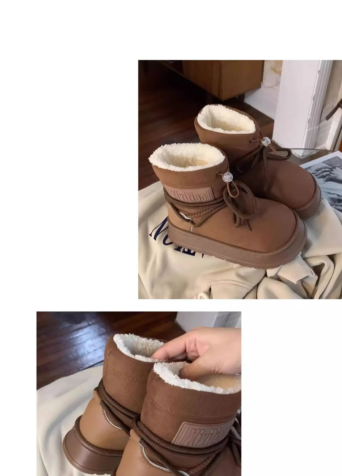 Winter Outdoor Women Ankle Snow Boots Ladies Plush Warm Shoes Classic Ultra Platform Cow Suede Furry Hook & Loop Flat Booties