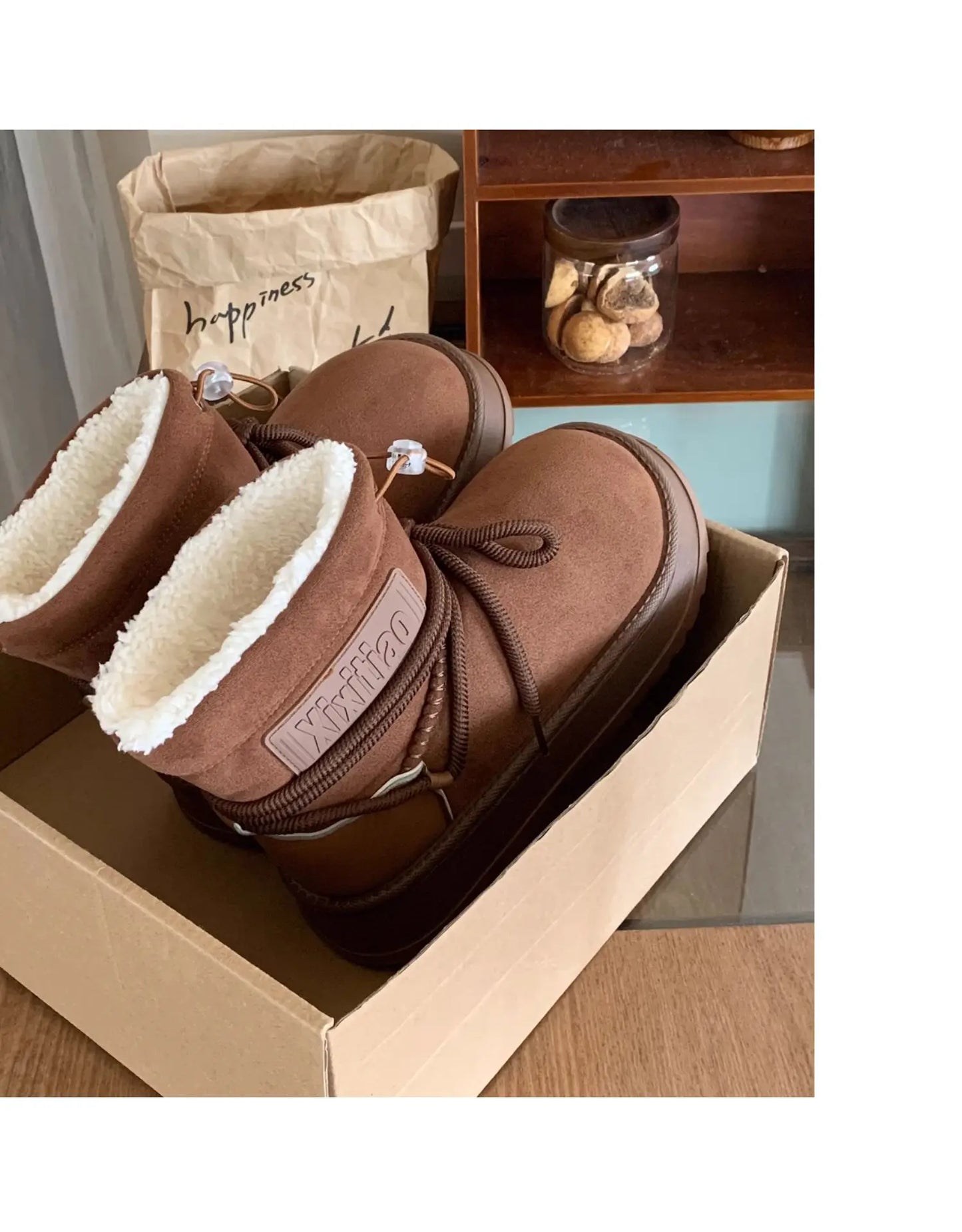Winter Outdoor Women Ankle Snow Boots Ladies Plush Warm Shoes Classic Ultra Platform Cow Suede Furry Hook & Loop Flat Booties
