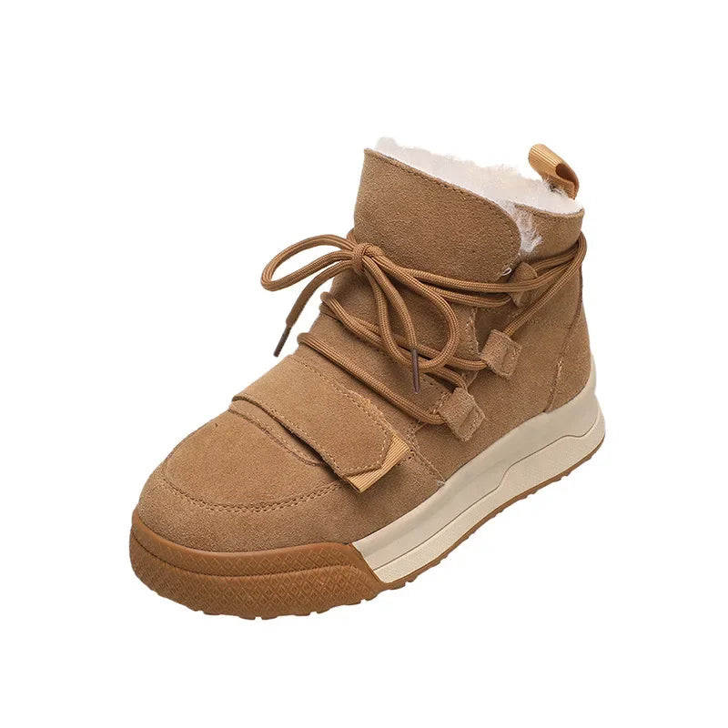 Winter Snow Boots Women Genuine Cow Leather Artificial Wool Solid Color Lace-up 2024 Warm Ladies Shoes Handmade