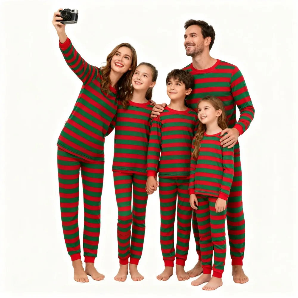 Family Matching Christmas Pajamas Sets Red Green Striped Sleepwear Xmas Festive Pjs for Dad Mom Kids Baby Loungewear Outfits